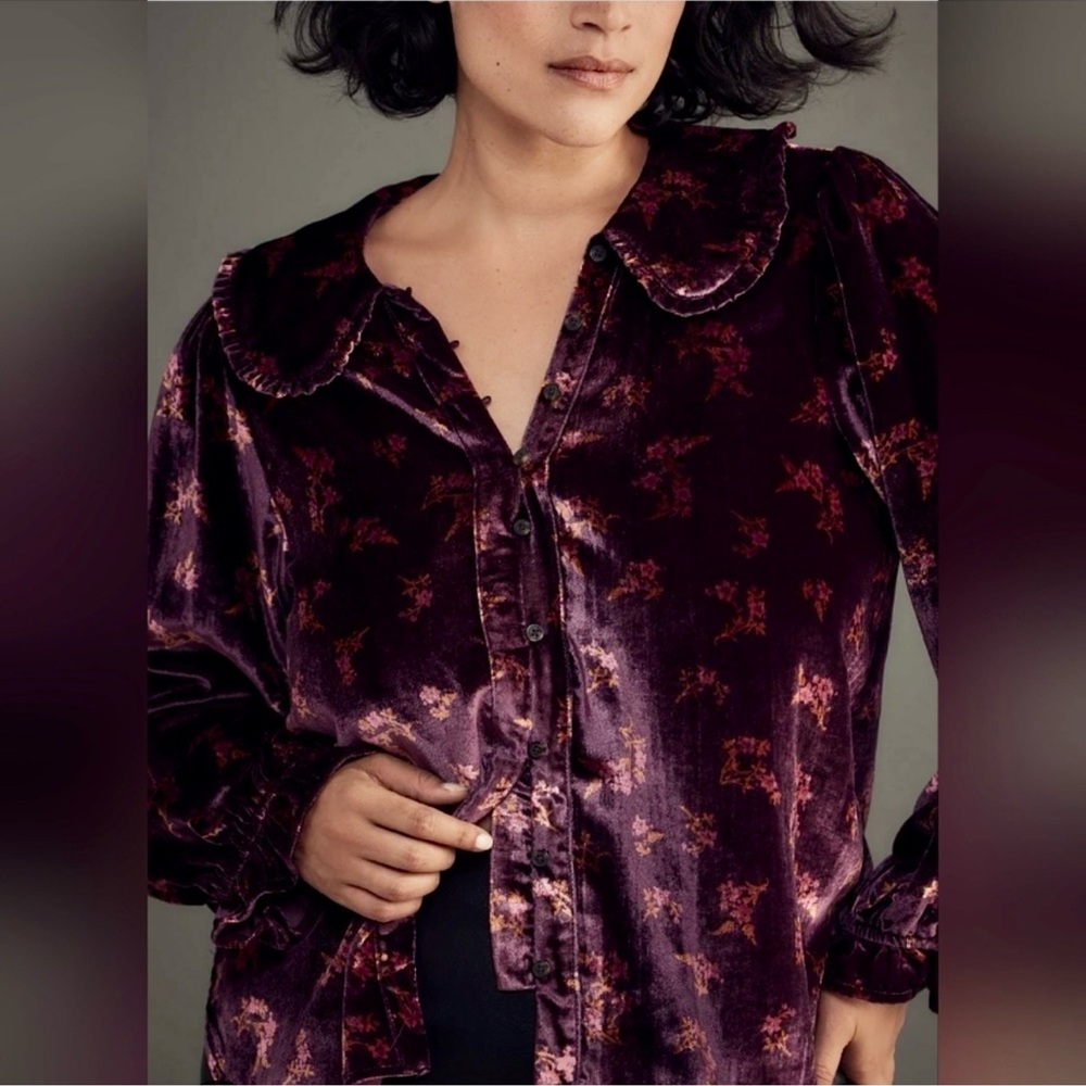 Anthropologie Pilcro Keira Collared Velvet Button Up Blouse In Dark Purple